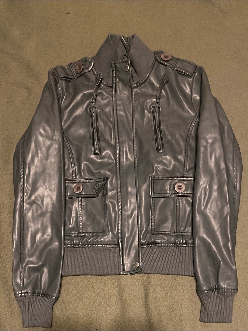 Beverly Hills Polo Club Women's Gray Faux Leather Bomber Jacket